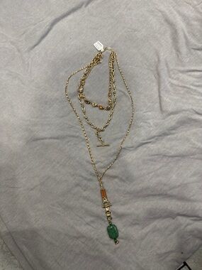 Free People Gold Layered Necklace with Green Pendant